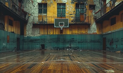 An old abandoned high school gym with a basketball hoop.