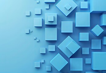 A visually engaging 3D illustration featuring various blue geometric shapes scattered across a gradient backdrop, invoking a sense of organization