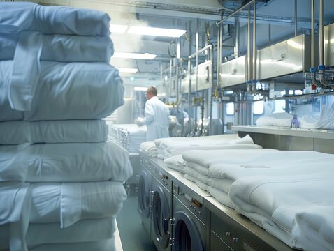 Focused worker in industrial laundry facility - An employee in a white lab coat focuses on tasks within a high-tech industrial laundry environment surrounded by machinery