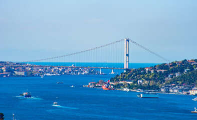 Istanbul City in Turkey. Beautiful Istanbul bosphorus sunrise landscape. Amazing colored sky. Istanbul Bosphorus Bridge.