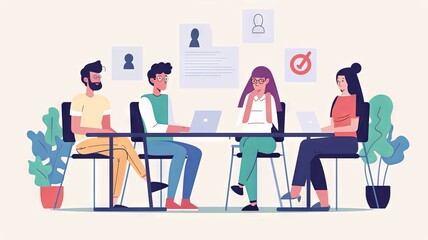 Fototapeta premium Colorful illustration of a diverse team working together - Cheerful and bright illustration showcasing a diverse team engaged in collaboration and creative work in an office setting