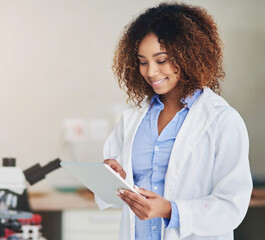 Scientist, reading and woman in lab with tablet for test, data or study research info online for...