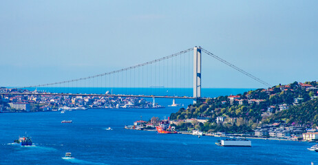 Istanbul City in Turkey. Beautiful Istanbul bosphorus sunrise landscape. Amazing colored sky. Istanbul Bosphorus Bridge.