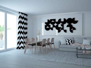 Eleganckie minimalistyczne nowoczesne wnętrze salonu z dużym artystycznym obrazem zasłonami zygzak i stołem z krzesłami