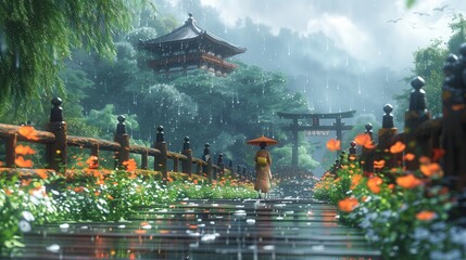 Serene Japanese Garden in Rainy Weather