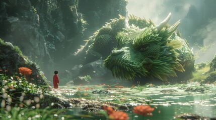 Fantasy Landscape with a Giant Creature and a Lone Figure
