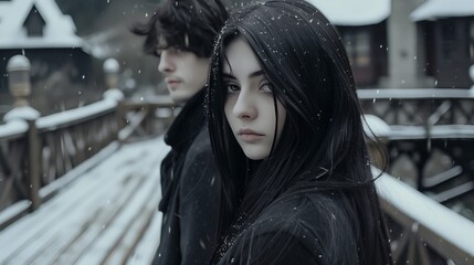 Mystical Winter Scene: A Couple on a Bridge Amidst Snowfall