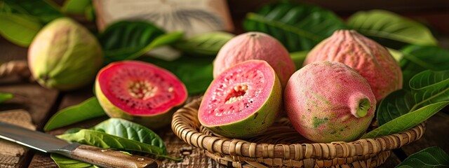 Pink guava in a basket with green leaves on a wooden table