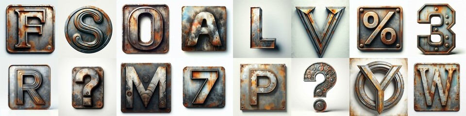 Meatal grange and rusty Lettering Typeface. AI generated illustration