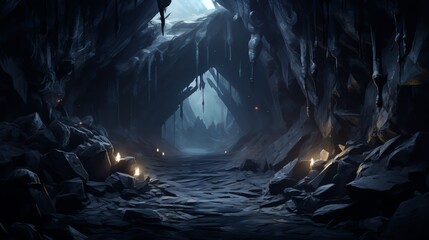 A dark, mysterious cave, only light comes from a few candles and the distant glow of moon. The air is cold and damp. 