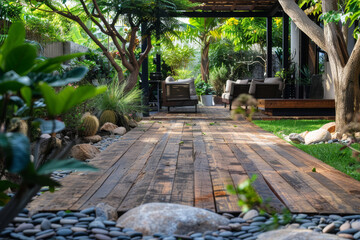 Beautiful outdoor decking made from reclaimed timber, blending with nature's palette for sustainable living. AI generated.