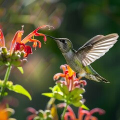 Fototapeta premium Hummingbird Hovering Near Vibrant Orange Flowers on a Sunny Day. AI.