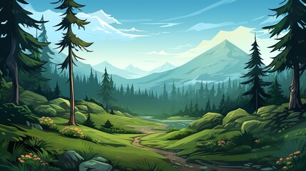 Create a beautiful landscape painting, include a majestic mountain range, a pristine lake, lush forest, colors vibrant, scene serene