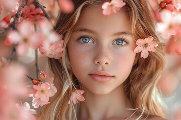 Fototapeta premium A young girl with light hair and blue eyes surrounded by soft pink cherry blossoms