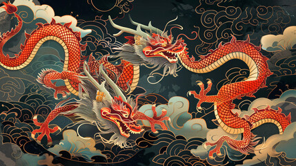 Greeting card for New Year 2024 with Chinese dragons
