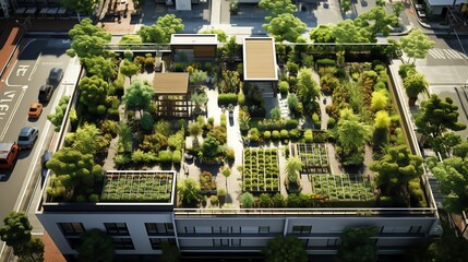 A lush rooftop garden oasis in the middle of a bustling city. Trees, all kinds of plant fill the space, creating a peaceful and relaxing atmosphere