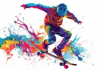 Colorful skateboarder illustration with a splash of color on a white background Generative AI