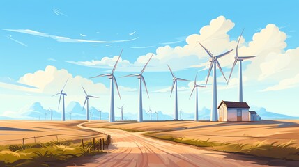 A beautiful landscape of windmills in a field of wheat with a road in the foreground and a house in the background.