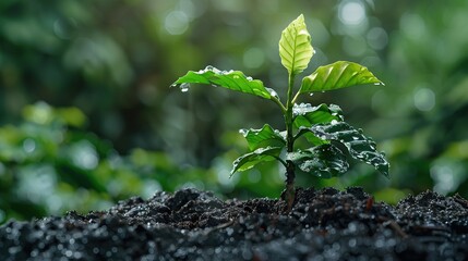 Coffee seedling growing on fertile soil with rain drops.