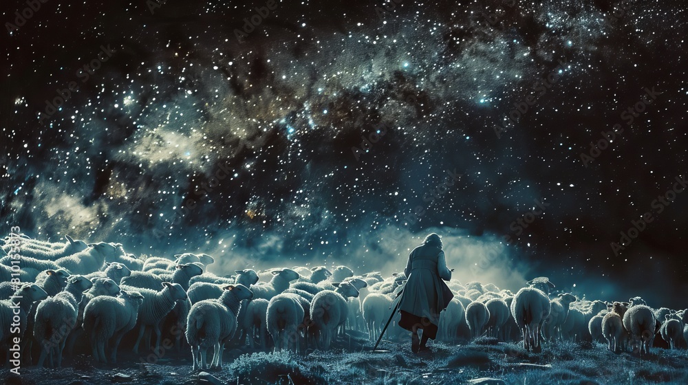 Poster surreal double exposure of a shepherd and a flock of sheep merging with a starry night, portraying c