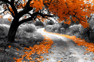 Meandering gracefully through the stark landscape of black and white woods, the winding road is adorned solely by the vibrant hues of orange leaves, casting a striking contrast against the background