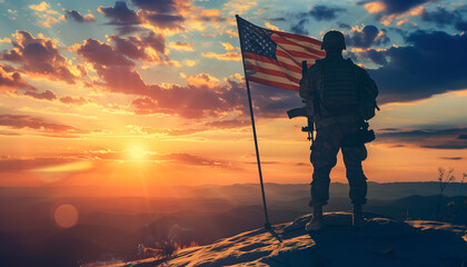 A touching image of a soldier in full uniform, standing in front of an American flag, contemplating the rising sun. It reminds us of the importance of days like Memorial Day and Veterans Day.