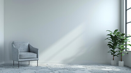 Grey armchair and carpet near light wall in big room -