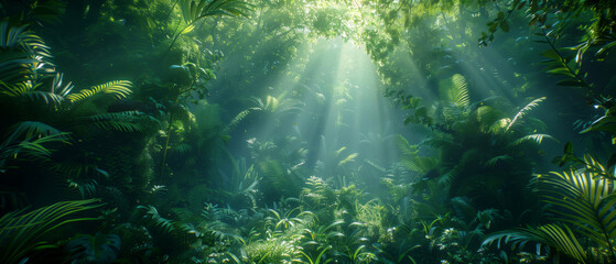 Obraz premium A dense, lush rainforest canopy with rays of sunlight filtering through the leaves, creating an enchanting and magical atmosphere