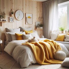 Hintergrund, Wallpaper: gelbes skandinavisches Schlafzimmer
