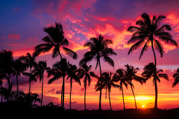 Tropical sunset with palm tree silhouettes. Exotic paradise concept.