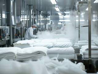 Large-scale industrial laundry processing - Wide-angle shot of an industrial laundry setup with substantial bedding linen inventory and machinery accompanied by workers