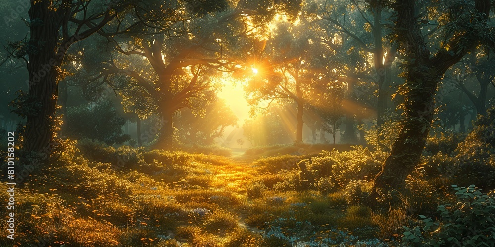 Poster enchanted forest sunset with rays of light - the image shows a mystical forest bathed in sunlight st