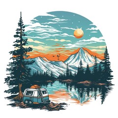 T-shirt design vector style clipart camping on the background of beautiful nature