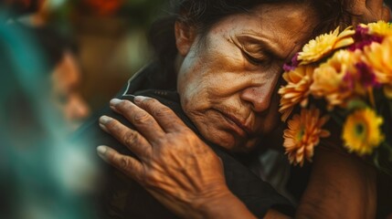 Emotional moment: elderly woman embracing flowers