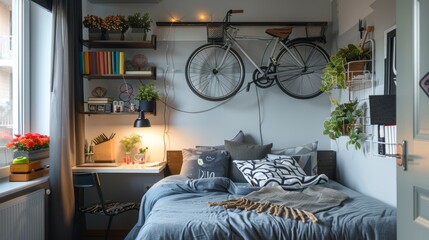 Cozy modern bedroom with unique bicycle wall decor