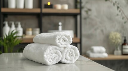Luxurious white towels on spa counter