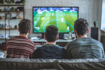 Obraz premium Friends enjoying soccer game on tv at home