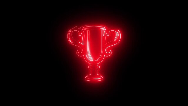 Neon line glowing trophy icon animation in black background.