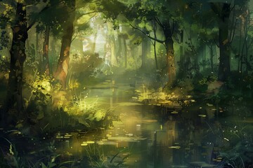 Painting mystical forest sunlight filtering through dense trees calm pond