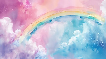 watercolor background with clouds and rainbow