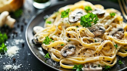 Delicious pasta dish with creamy mushroom sauce and parsley.