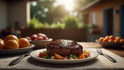 World food safety day with a vibrant outdoor feast, beef dish recipe on the table photoshoot for an...