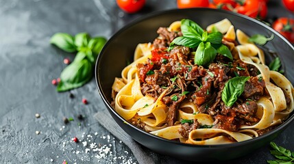 Delicious pasta fettuccine topped with flavorful beef ragout sauce, served in a stylish black bowl. Set against a gray background, this dish is perfect for a cozy dinner. - Powered by Adobe