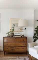 Cozy interior with wooden vintage dresser and elegant decor