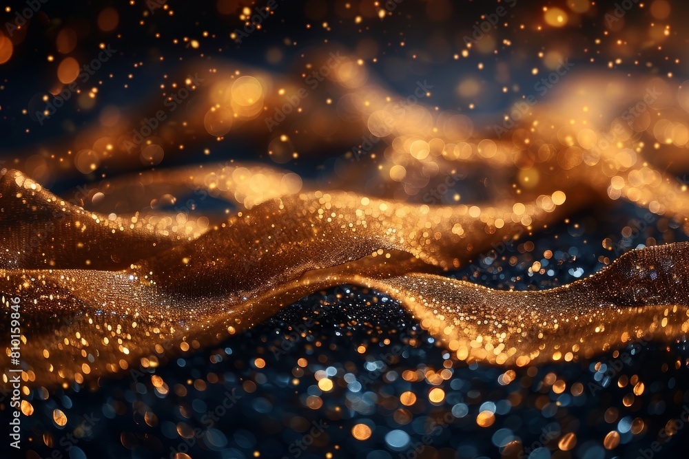 Poster a delicate display of a gossamer golden fabric gently waving over a glittering bokeh background sugg
