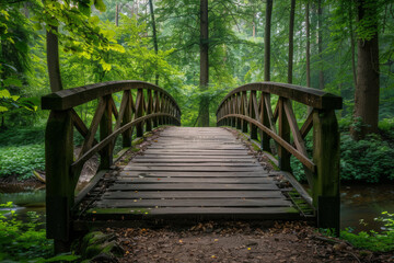 Wooden bridge gracefully arching over a tranquil stream in a dense, green forest. AI generated.