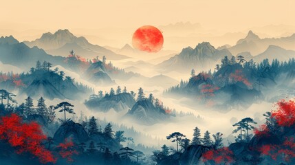 Landscape background with line pattern modern. Asian-style mountain forest with Japanese wave template.