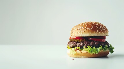 Delectable burger, freshly made, set against a plain white backdrop.