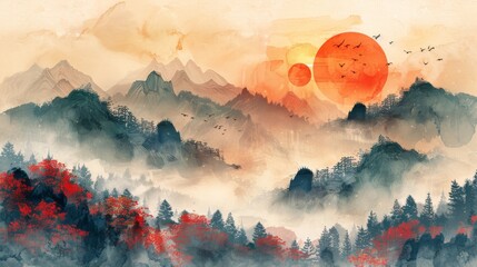 Background with Japanese wave patterns. Watercolor texture in Chinese style. Illustration of mountain forest. Banner design.