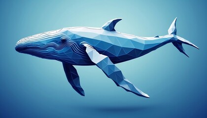 , Abstract blue whale underwater in polygons on a technology blue background. Low poly wireframe marine life concept. Polygonal futuristic vector illustration with 3D effect created with generative ai